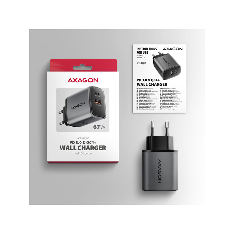 AXAGON ACU-PQ67 GaN nabíjačka do siete 67W, USB-A + USB-C, PD3.0/PPS/QC4+/SFC2.0/Apple