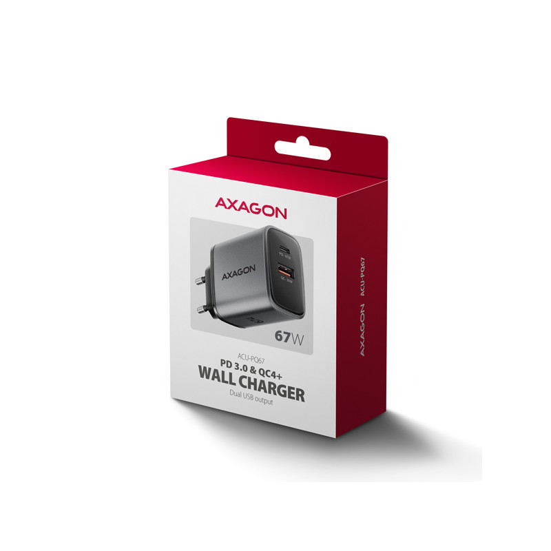 AXAGON ACU-PQ67 GaN nabíjačka do siete 67W, USB-A + USB-C, PD3.0/PPS/QC4+/SFC2.0/Apple