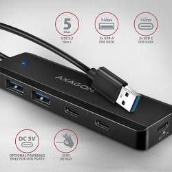 AXAGON HUE-C2A, 4× USB 5Gbps TRAVEL húb, 2× USB-A + 2× USB-C, USB-C napájanie, kábel USB-A 19cm