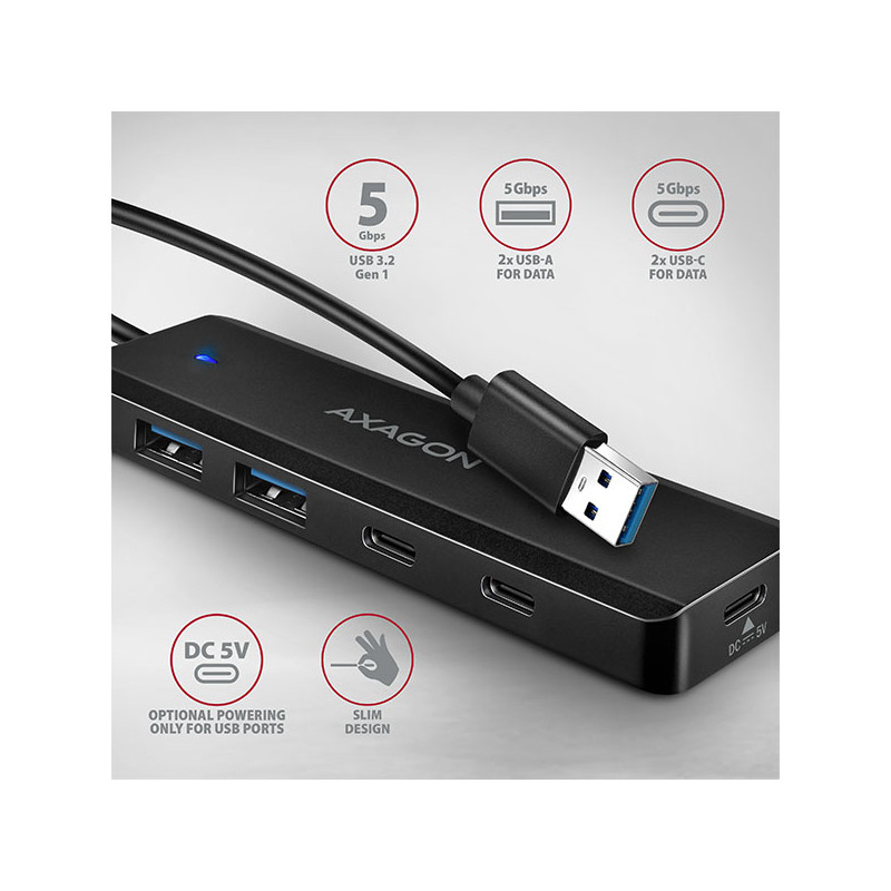 AXAGON HUE-C2A, 4× USB 5Gbps TRAVEL húb, 2× USB-A + 2× USB-C, USB-C napájanie, kábel USB-A 19cm