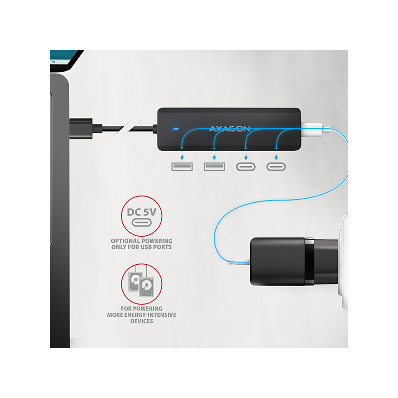 AXAGON HUE-C2A, 4× USB 5Gbps TRAVEL húb, 2× USB-A + 2× USB-C, USB-C napájanie, kábel USB-A 19cm