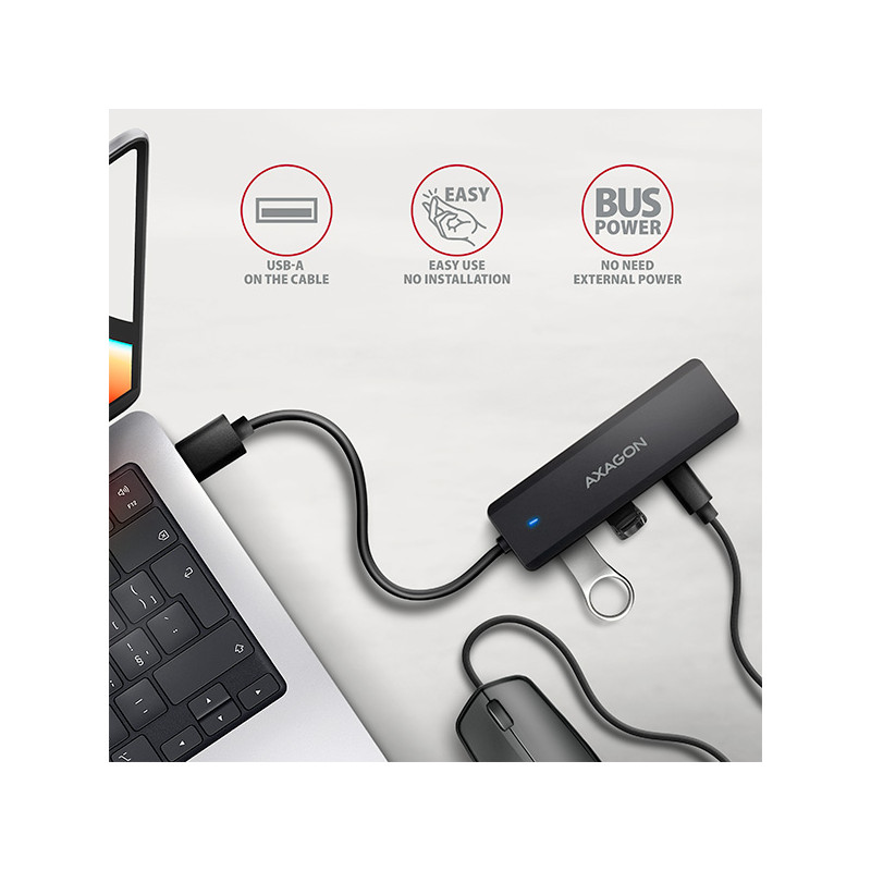 AXAGON HUE-C2A, 4× USB 5Gbps TRAVEL húb, 2× USB-A + 2× USB-C, USB-C napájanie, kábel USB-A 19cm
