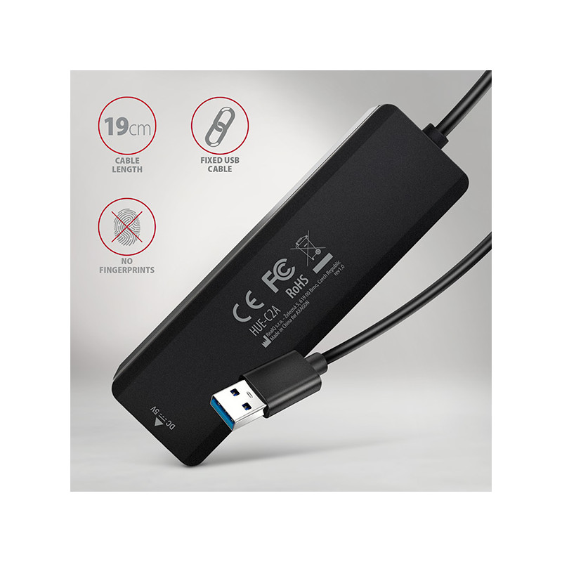 AXAGON HUE-C2A, 4× USB 5Gbps TRAVEL húb, 2× USB-A + 2× USB-C, USB-C napájanie, kábel USB-A 19cm