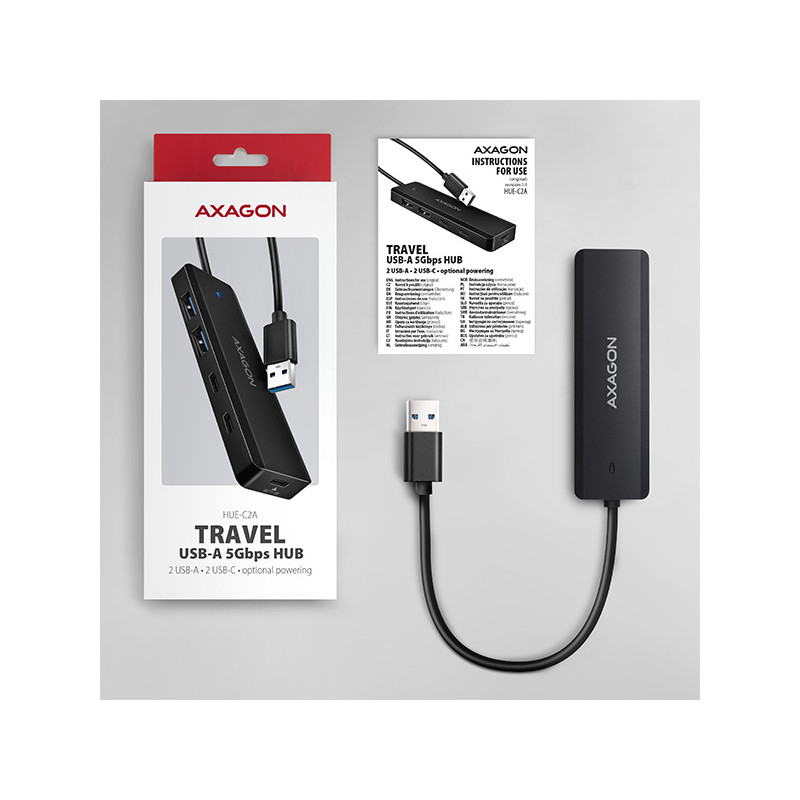AXAGON HUE-C2A, 4× USB 5Gbps TRAVEL húb, 2× USB-A + 2× USB-C, USB-C napájanie, kábel USB-A 19cm