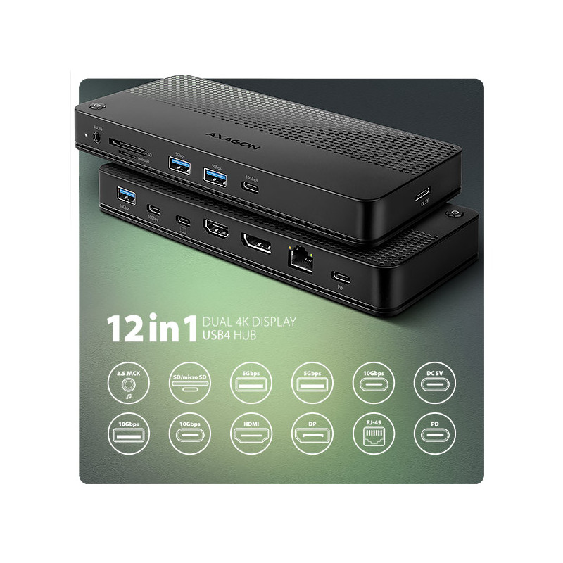 AXAGON HMC-U4, USB4 40Gbps dock, 3x USB-A, 2x USB-C, HDMI & DP 8K/30Hz, RJ-45, SD/mSD, audio, PD100W