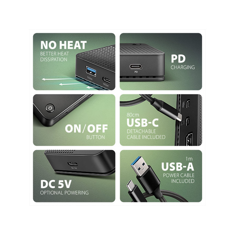 AXAGON HMC-U4, USB4 40Gbps dock, 3x USB-A, 2x USB-C, HDMI & DP 8K/30Hz, RJ-45, SD/mSD, audio, PD100W