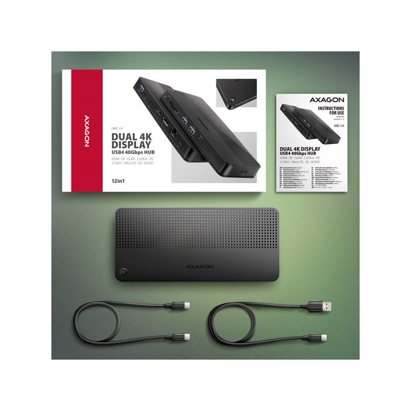 AXAGON HMC-U4, USB4 40Gbps dock, 3x USB-A, 2x USB-C, HDMI & DP 8K/30Hz, RJ-45, SD/mSD, audio, PD100W