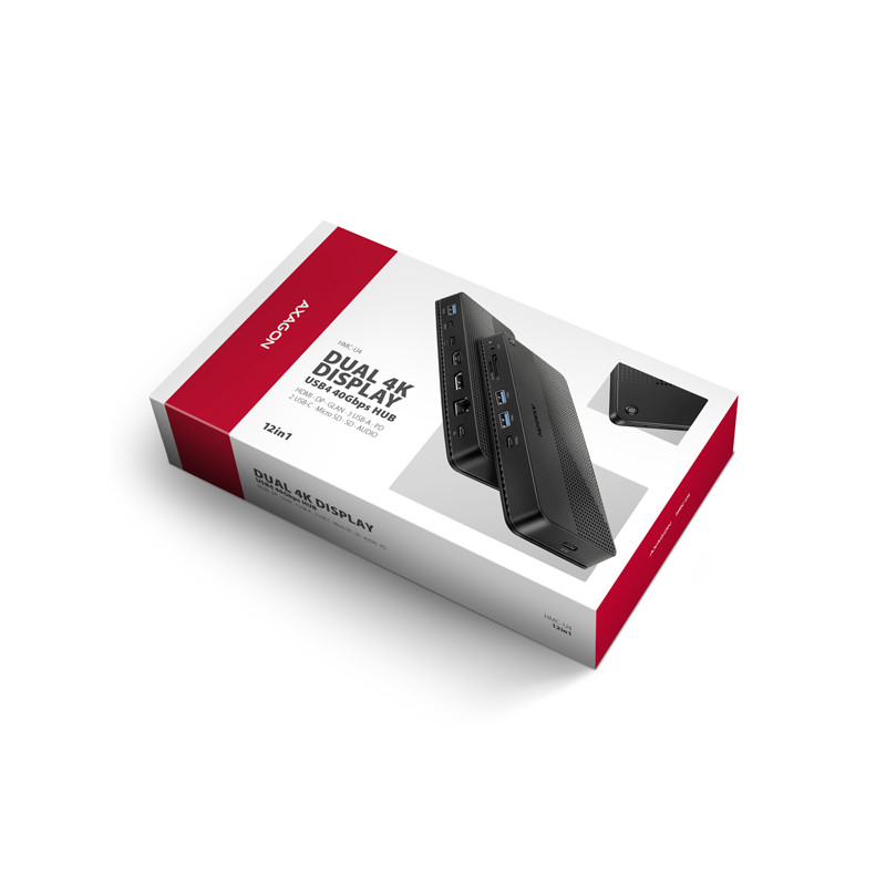 AXAGON HMC-U4, USB4 40Gbps dock, 3x USB-A, 2x USB-C, HDMI & DP 8K/30Hz, RJ-45, SD/mSD, audio, PD100W