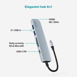Epico 6v1 hliníkový USB-C 8K húb - modrá