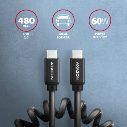 AXAGON BUCM-CM10TB, TWISTER kábel USB-C -- USB-C, 0.6m, USB 2.0, PD 60W 3A, ALU, tpe, čierny
