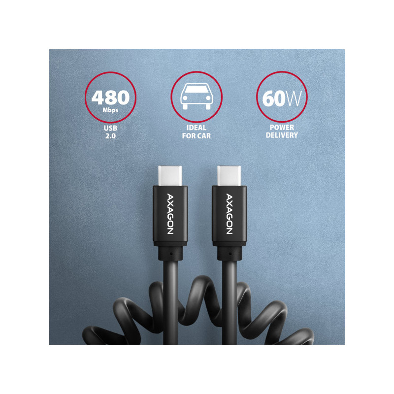 AXAGON BUCM-CM10TB, TWISTER kábel USB-C -- USB-C, 0.6m, USB 2.0, PD 60W 3A, ALU, tpe, čierny
