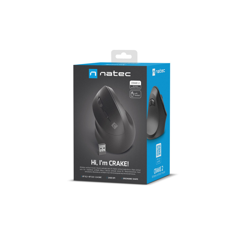 Natec CRAKE 2/Kancelárska/Optická/Pre ľavákov/2 400 DPI/USB+BT/Čierna