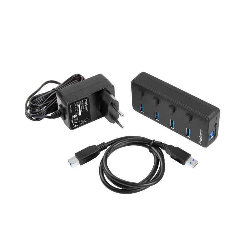Natec Mantis 2 aktivní rozbočovač s funkciou nabíjania 4x USB 3.0 HUB, vypínač, napájací adaptér