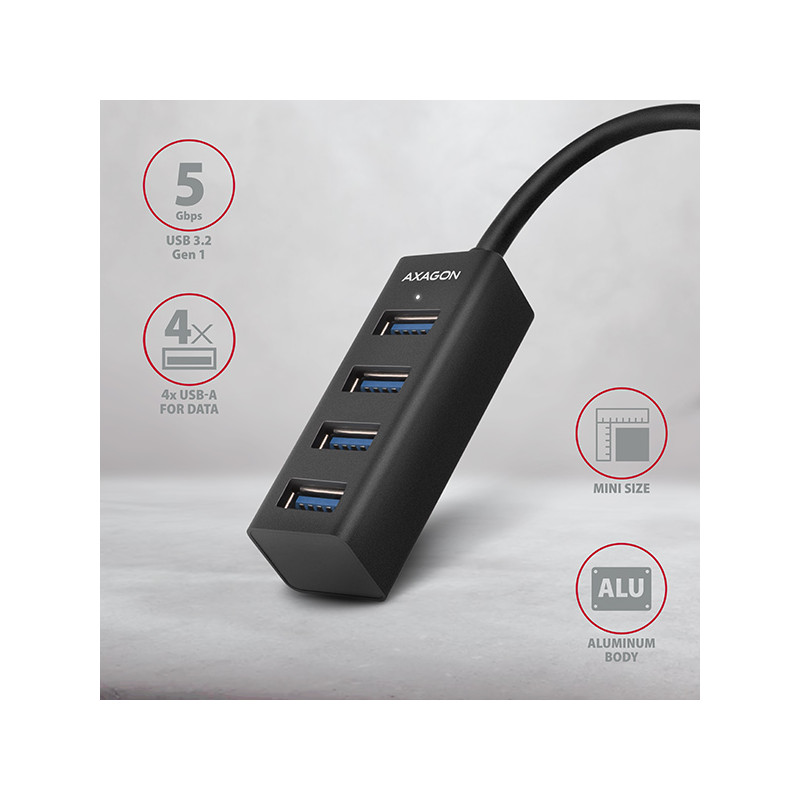 AXAGON HUE-M1AL, 4x USB 3.2 Gen 1 MINI húb, kovový, kábel USB-A 1.2m