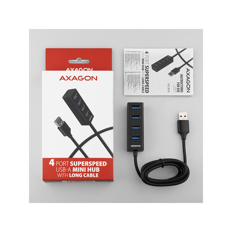 AXAGON HUE-M1AL, 4x USB 3.2 Gen 1 MINI húb, kovový, kábel USB-A 1.2m
