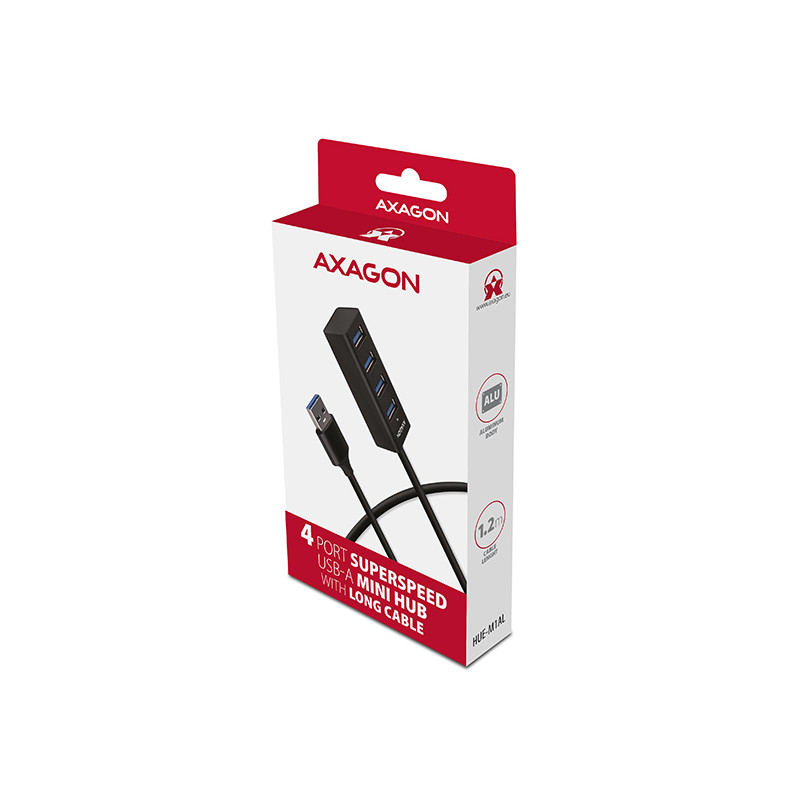 AXAGON HUE-M1AL, 4x USB 3.2 Gen 1 MINI húb, kovový, kábel USB-A 1.2m