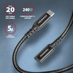 AXAGON BUCM32-CF10AB predlžovací kábel USB-C (M) -- USB-C (F), 1m, USB 20Gbps, PD 240W, ALU, oplet