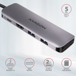 AXAGON HMC-5, USB 3.2 Gen 1 húb, porty 2x USB-A, HDMI, SD/microSD slot, PD 100W, kábel USB-C 20cm