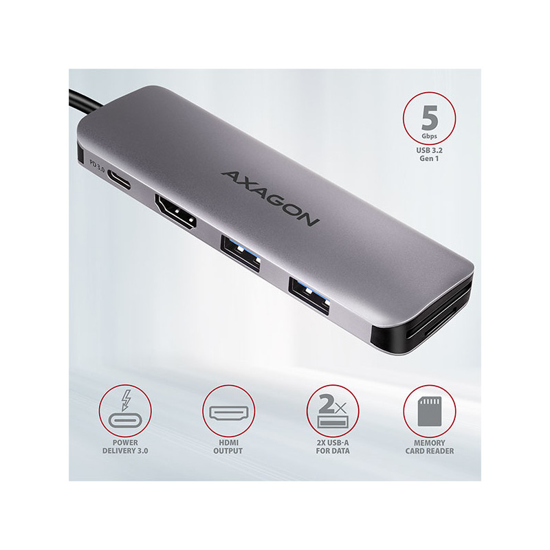 AXAGON HMC-5, USB 3.2 Gen 1 húb, porty 2x USB-A, HDMI, SD/microSD slot, PD 100W, kábel USB-C 20cm