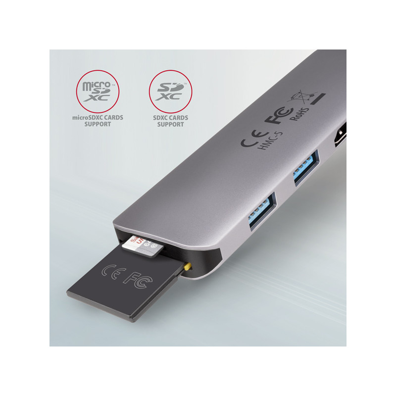 AXAGON HMC-5, USB 3.2 Gen 1 húb, porty 2x USB-A, HDMI, SD/microSD slot, PD 100W, kábel USB-C 20cm