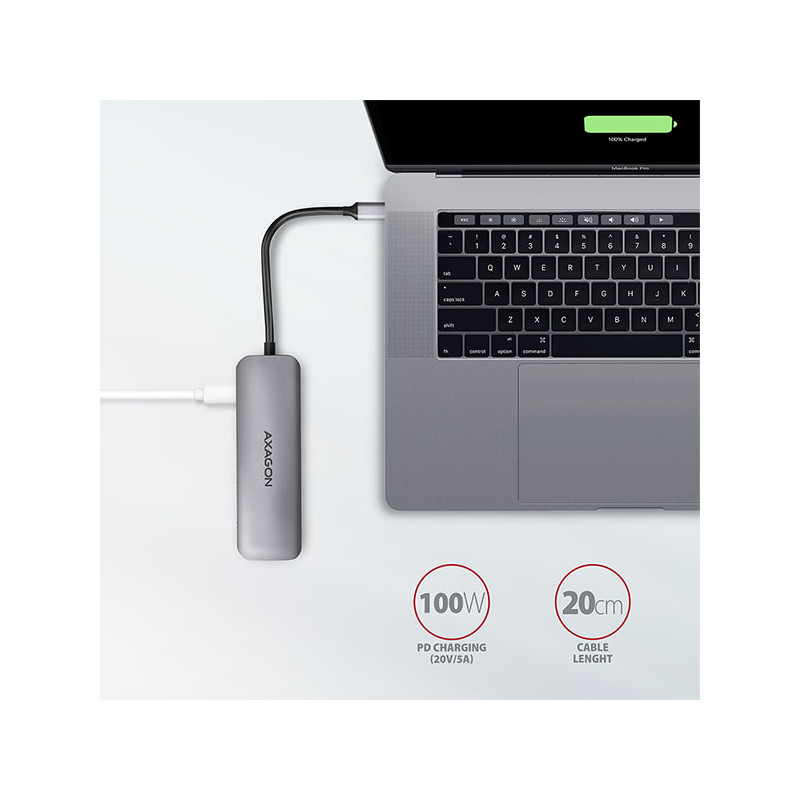 AXAGON HMC-5, USB 3.2 Gen 1 húb, porty 2x USB-A, HDMI, SD/microSD slot, PD 100W, kábel USB-C 20cm