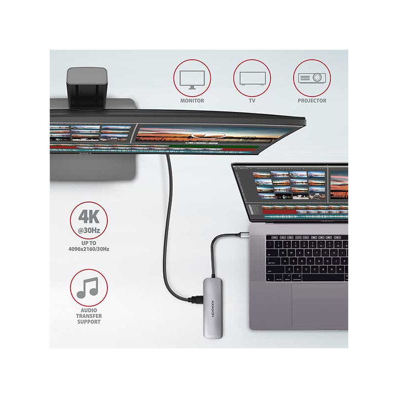 AXAGON HMC-5, USB 3.2 Gen 1 húb, porty 2x USB-A, HDMI, SD/microSD slot, PD 100W, kábel USB-C 20cm