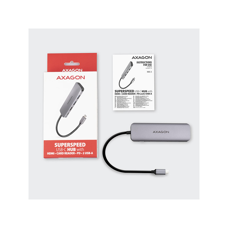 AXAGON HMC-5, USB 3.2 Gen 1 húb, porty 2x USB-A, HDMI, SD/microSD slot, PD 100W, kábel USB-C 20cm