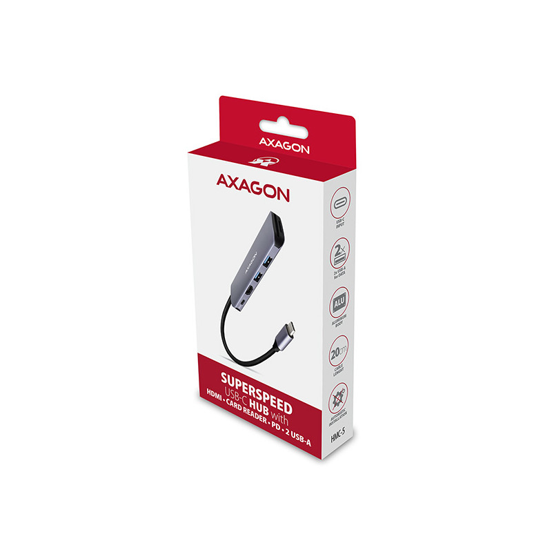 AXAGON HMC-5, USB 3.2 Gen 1 húb, porty 2x USB-A, HDMI, SD/microSD slot, PD 100W, kábel USB-C 20cm