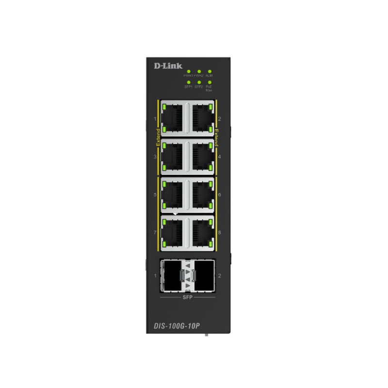 D-Link DIS-100G-10P 10-Port Gigabit Industrial PoE+ Unmanaged Switch with 2 x 2.5G SFP+ Ports