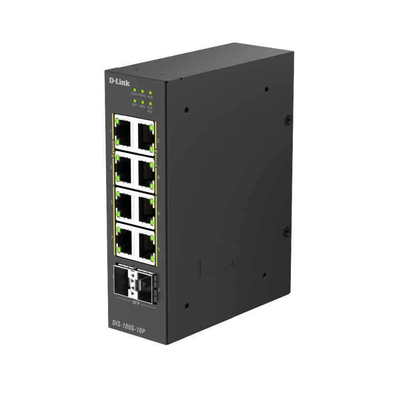 D-Link DIS-100G-10P 10-Port Gigabit Industrial PoE+ Unmanaged Switch with 2 x 2.5G SFP+ Ports