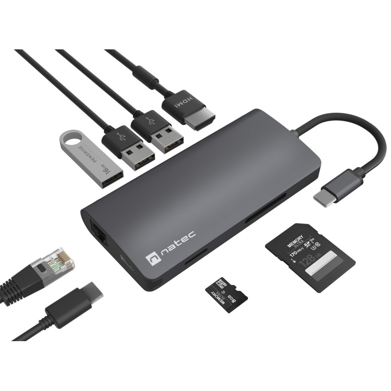 Natec multiport adaptér FOWLER 2 3X USB 3.0 HUB, HDMI 4K, USB-C, RJ45, SD, MICRO SD