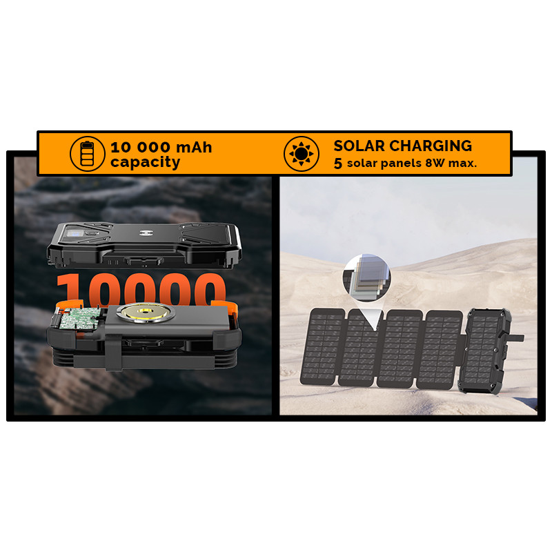 Solárna powerbanka VIKING TYR I/Output: 1xUSB-C, 2xUSB-A/Wireless charge 15W max/10000mAh/ LED svetlo