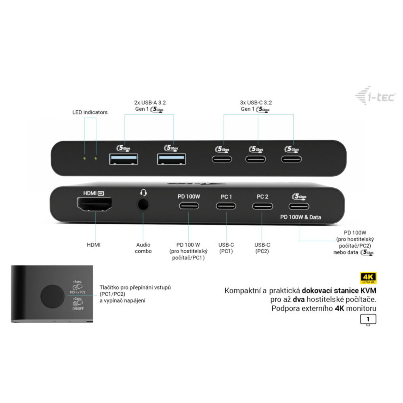 i-tec KVM Docking Station HDMI pre 2 hostí, Power Delivery 2x 100W