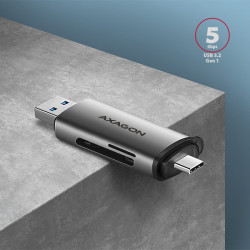 AXAGON CRE-SAC, USB3.2 Gen 1 Type-C + Type-A externá čítačka kariet SD/microSD, podpora UHS-I
