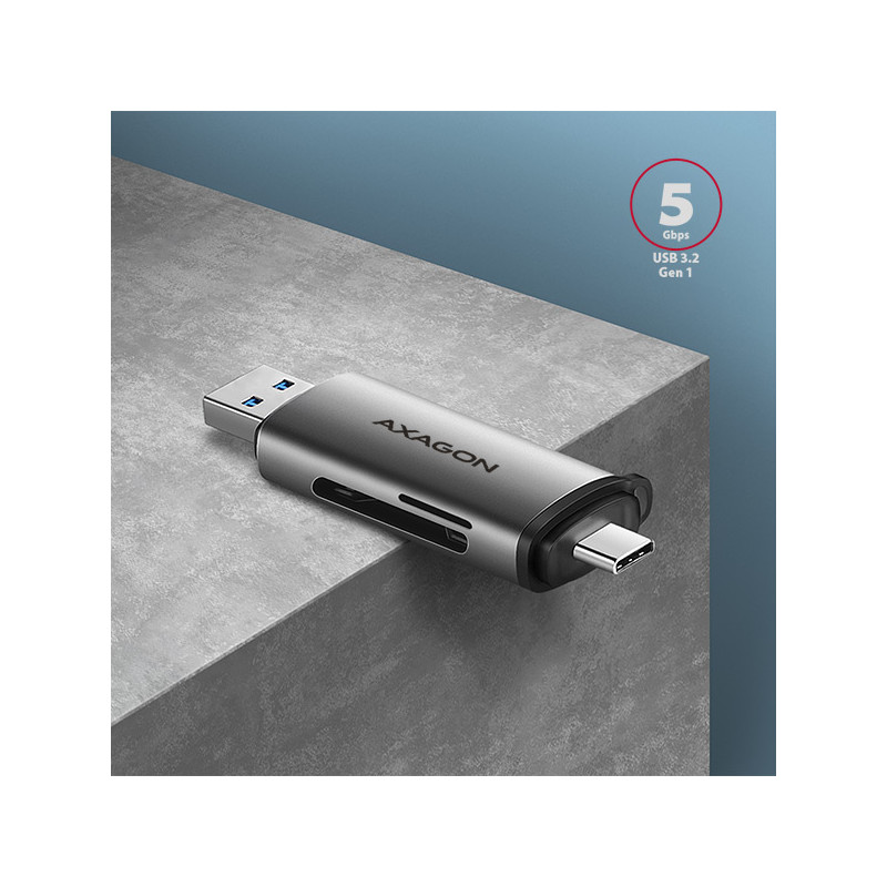 AXAGON CRE-SAC, USB3.2 Gen 1 Type-C + Type-A externá čítačka kariet SD/microSD, podpora UHS-I