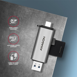 AXAGON CRE-SAC, USB3.2 Gen 1 Type-C + Type-A externá čítačka kariet SD/microSD, podpora UHS-I