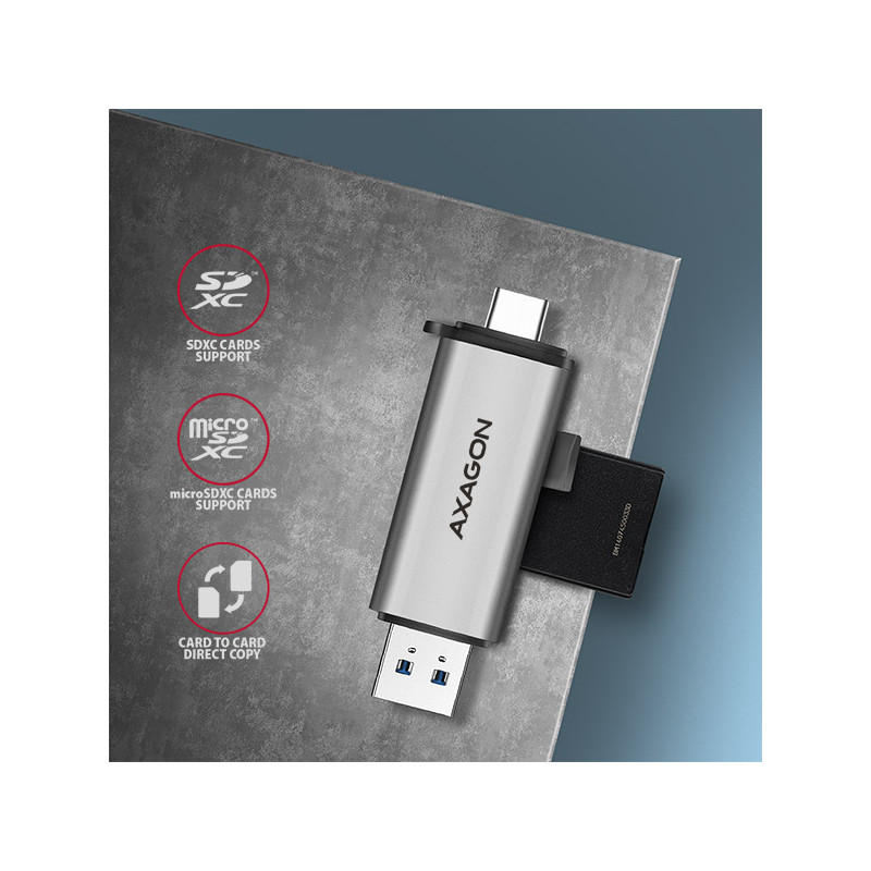 AXAGON CRE-SAC, USB3.2 Gen 1 Type-C + Type-A externá čítačka kariet SD/microSD, podpora UHS-I