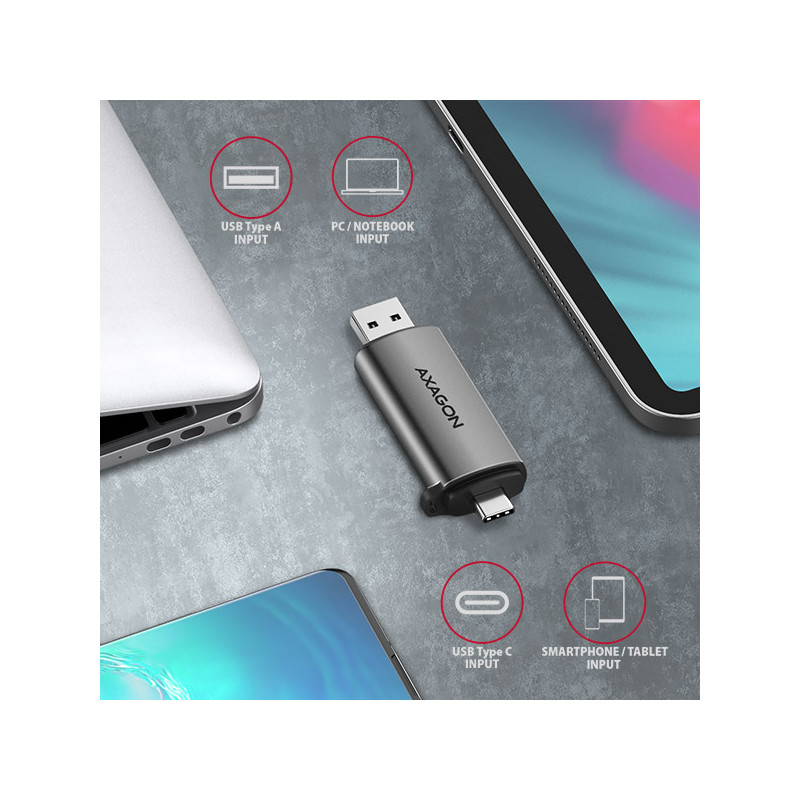AXAGON CRE-SAC, USB3.2 Gen 1 Type-C + Type-A externá čítačka kariet SD/microSD, podpora UHS-I