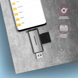 AXAGON CRE-SAC, USB3.2 Gen 1 Type-C + Type-A externá čítačka kariet SD/microSD, podpora UHS-I