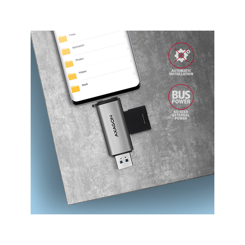 AXAGON CRE-SAC, USB3.2 Gen 1 Type-C + Type-A externá čítačka kariet SD/microSD, podpora UHS-I
