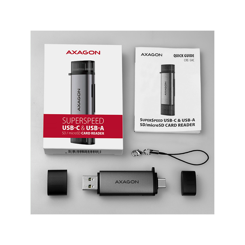 AXAGON CRE-SAC, USB3.2 Gen 1 Type-C + Type-A externá čítačka kariet SD/microSD, podpora UHS-I