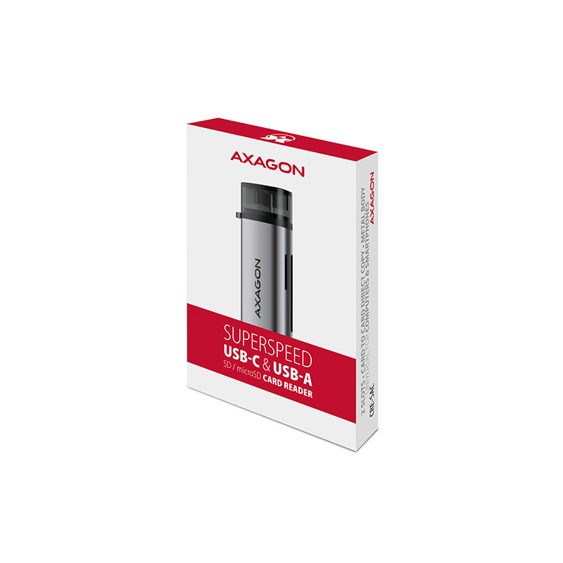 AXAGON CRE-SAC, USB3.2 Gen 1 Type-C + Type-A externá čítačka kariet SD/microSD, podpora UHS-I
