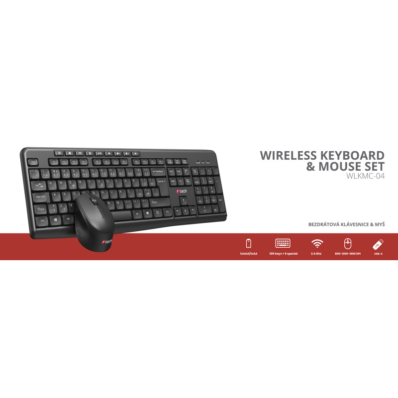 Klávesnica C-TECH WLKMC-04, bezdrôtový combo set s myšou, čierny, USB, CZ/SK