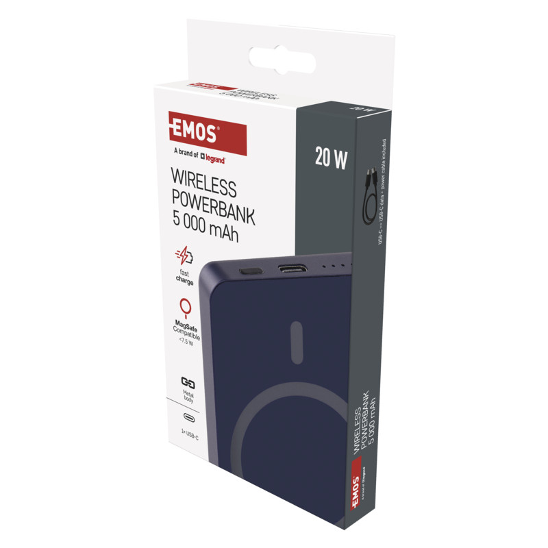 EMOS POWERBANKA WI 522, bezdrôtové nabíjanie 20W, 5.000mAh, MODRÁ, 1xUSB-C