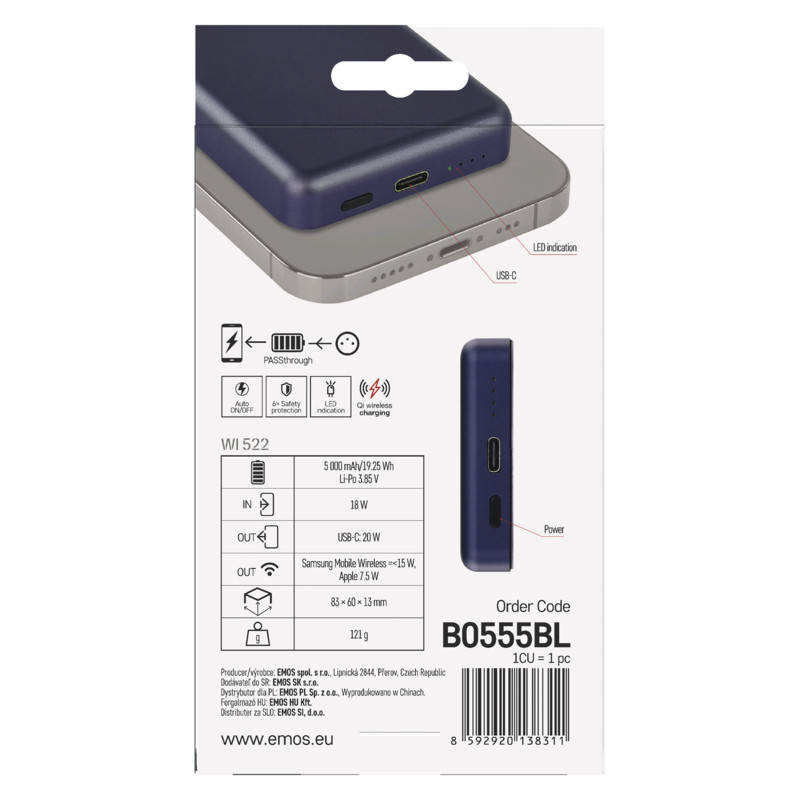 EMOS POWERBANKA WI 522, bezdrôtové nabíjanie 20W, 5.000mAh, MODRÁ, 1xUSB-C