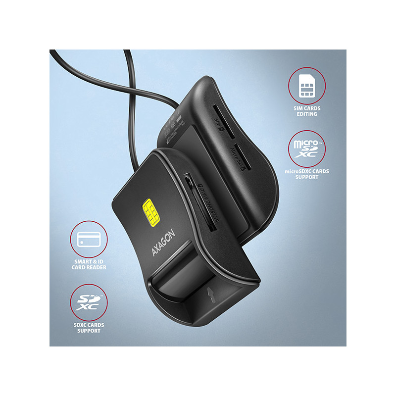 AXAGON CRE-SM3SD, USB-A FlatReader čítačka Smart card (eObčanka) + SD/microSD/SIM, kábel 1.3 m