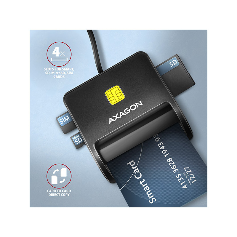 AXAGON CRE-SM3SD, USB-A FlatReader čítačka Smart card (eObčanka) + SD/microSD/SIM, kábel 1.3 m