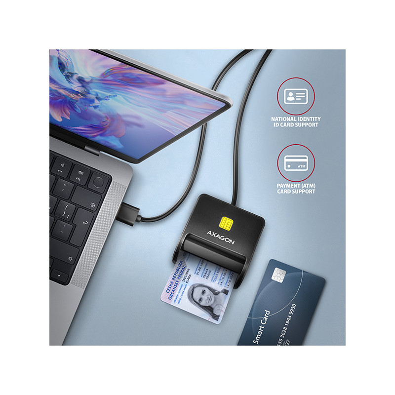 AXAGON CRE-SM3SD, USB-A FlatReader čítačka Smart card (eObčanka) + SD/microSD/SIM, kábel 1.3 m