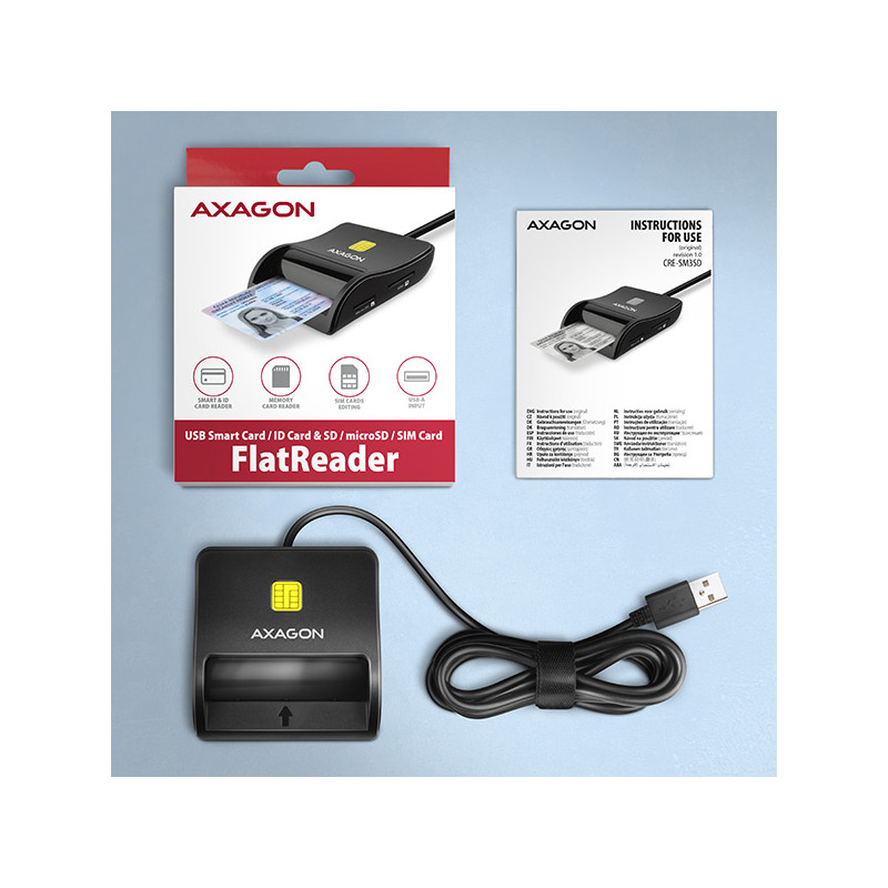 AXAGON CRE-SM3SD, USB-A FlatReader čítačka Smart card (eObčanka) + SD/microSD/SIM, kábel 1.3 m
