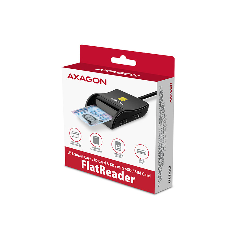 AXAGON CRE-SM3SD, USB-A FlatReader čítačka Smart card (eObčanka) + SD/microSD/SIM, kábel 1.3 m